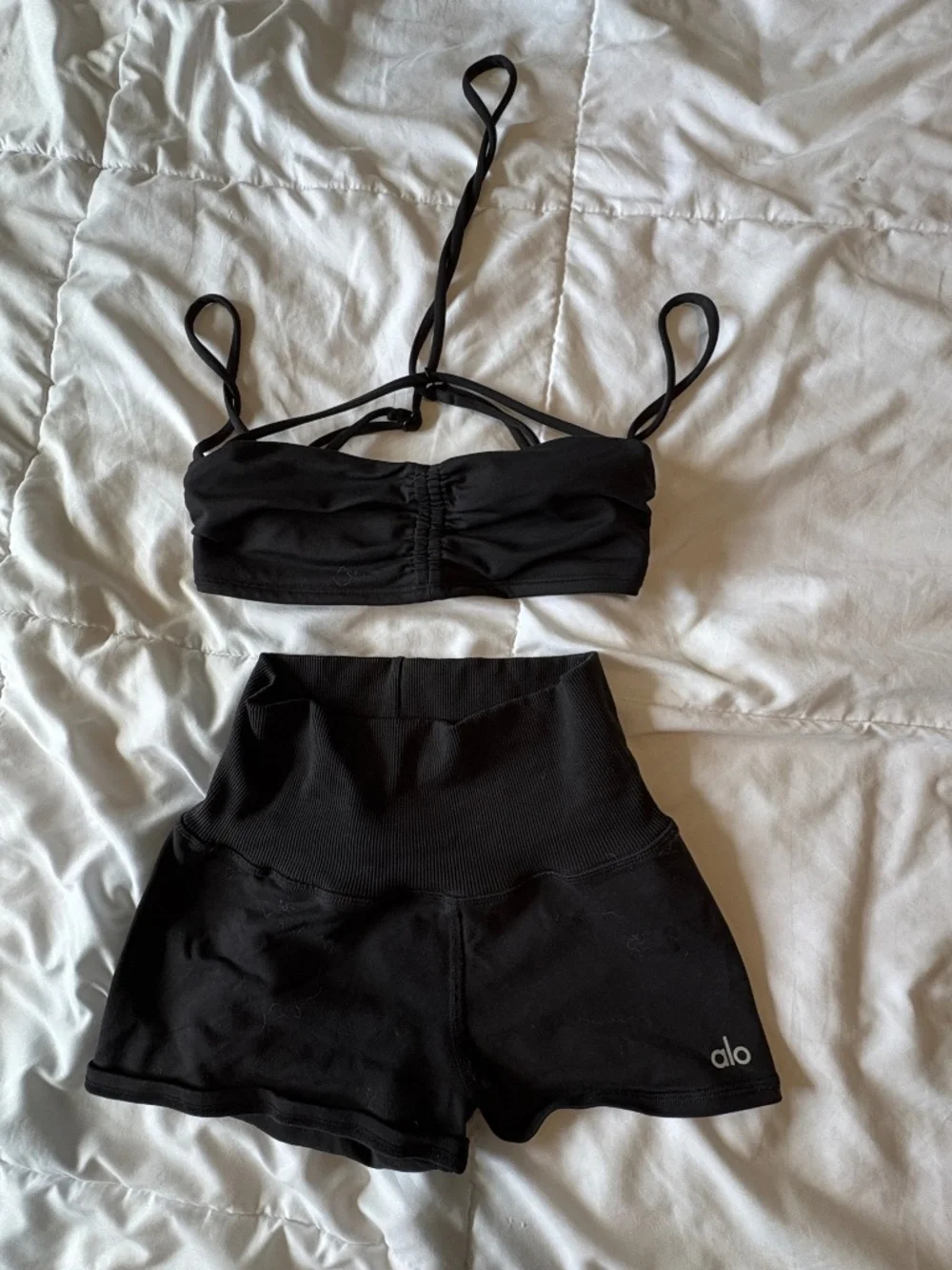 ALO Yoga Black Strappy Sports Bra and High Waist Shorts Set
